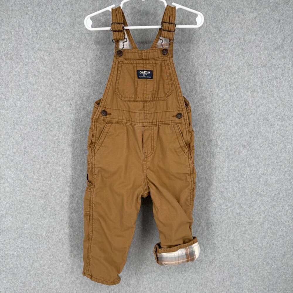 OshKosh Bgosh Boys Lightweight Canvas Overalls Size 24M Khaki Plaid Contrast EUC